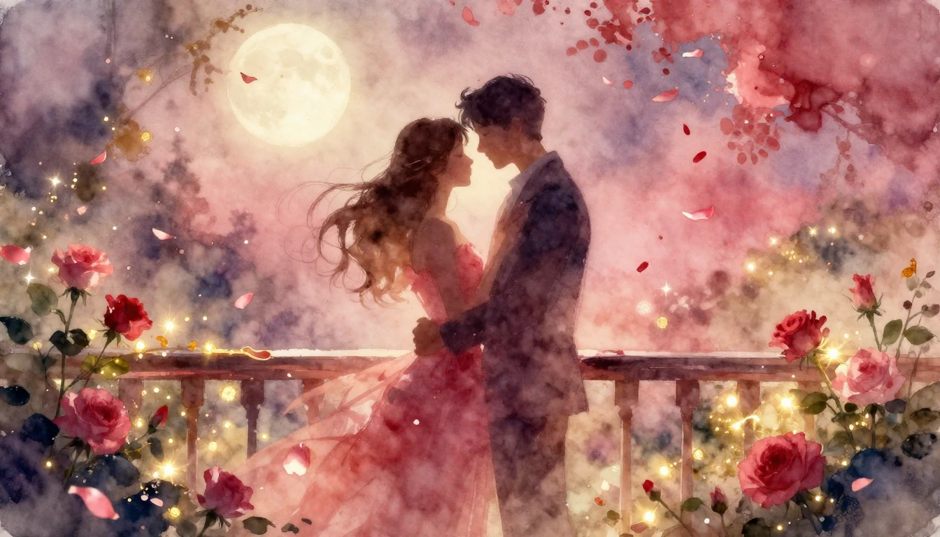 A dreamy and ethereal watercolor painting of two intertwined...