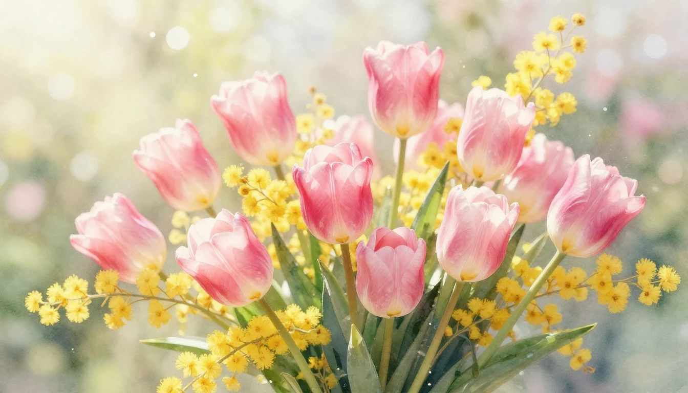 A soft and vibrant watercolor painting of a lush bouquet fea...