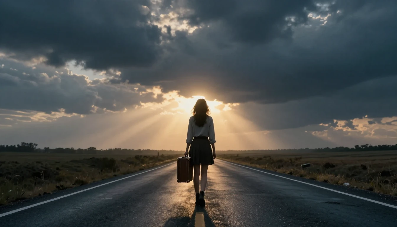 A cinematic wide shot of a lone woman standing at the end of...