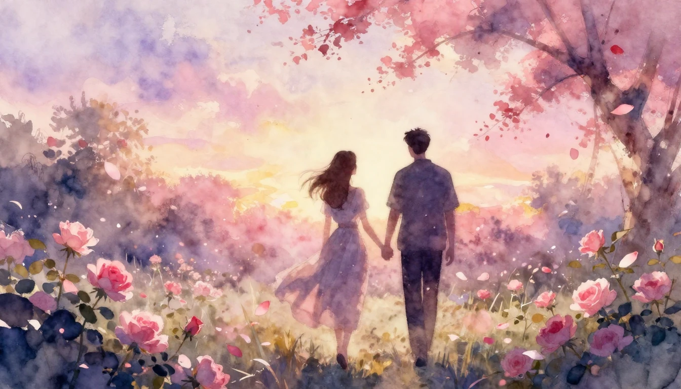 A beautiful watercolor painting of two silhouettes walking h...