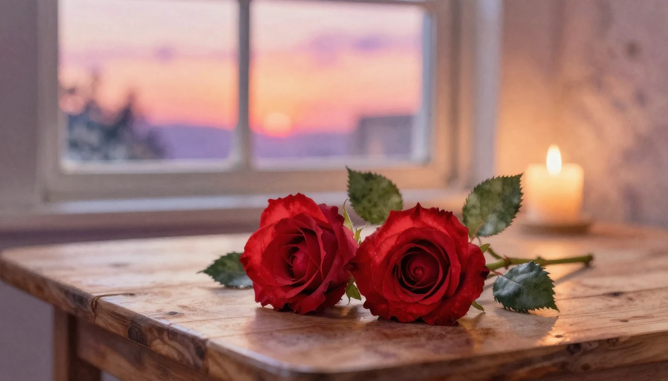 A soft watercolor painting of two delicate red roses intertw...