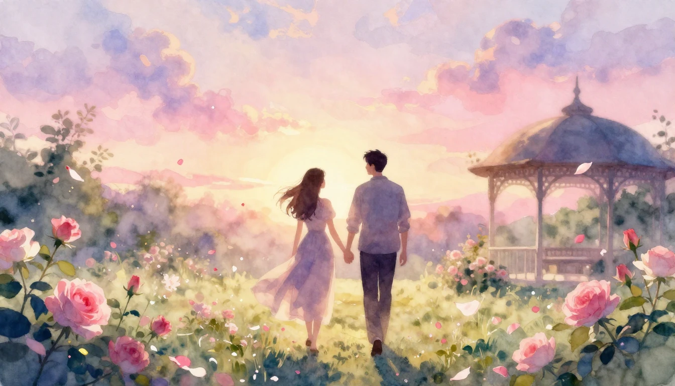 A beautiful watercolor painting of two silhouettes walking h...