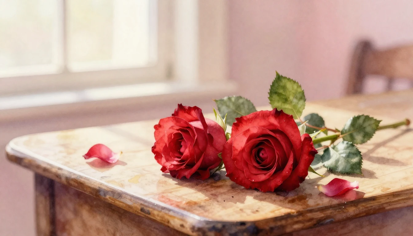A beautiful watercolor painting of two intertwined red roses...
