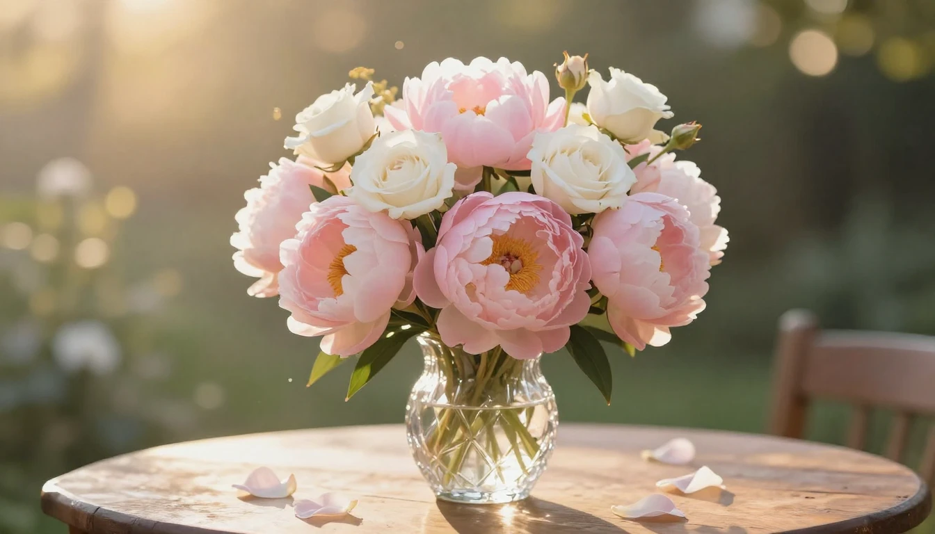 A beautiful bouquet of soft pink peonies and white roses in ...