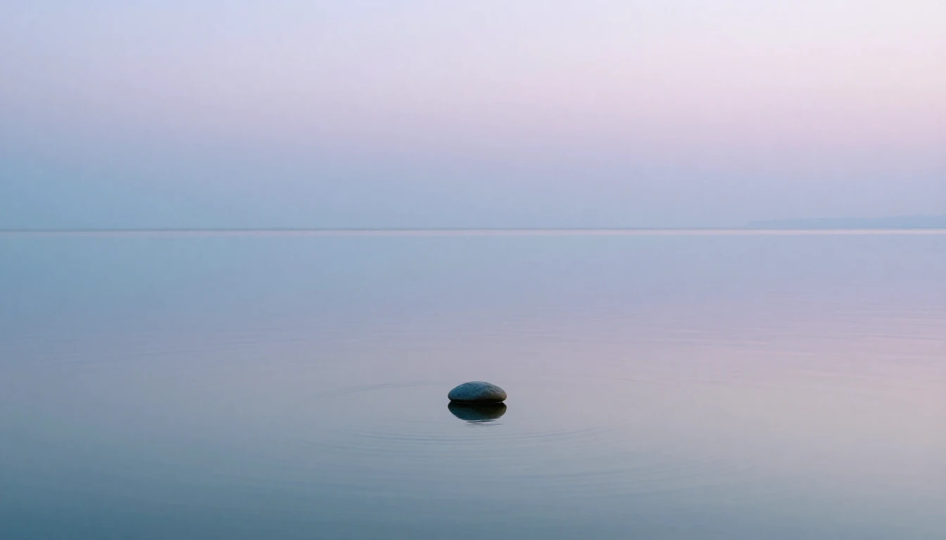 A minimalist landscape featuring a calm, mirror-like lake at...