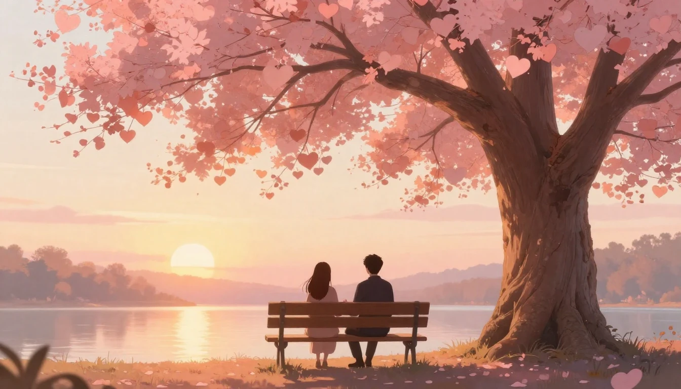 A romantic, soft composition featuring two silhouettes sitti...