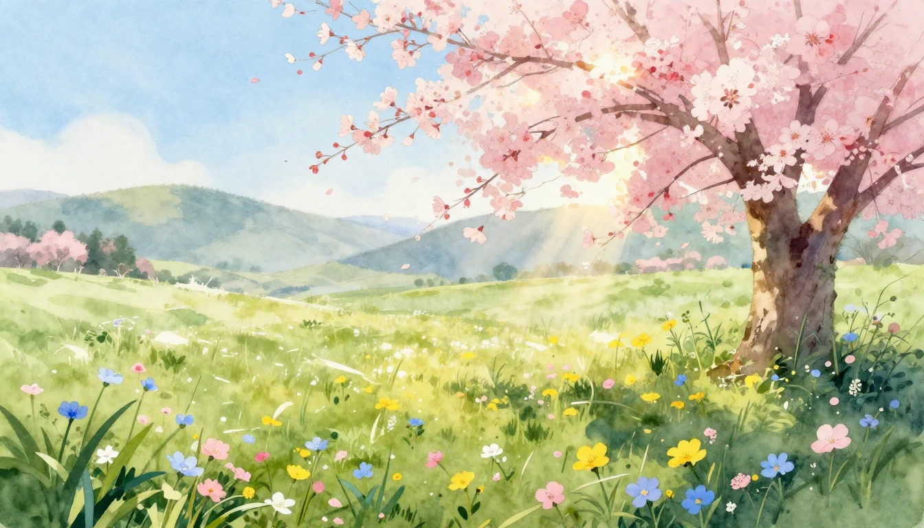 A vibrant watercolor painting of a lush meadow at dawn. Deli...