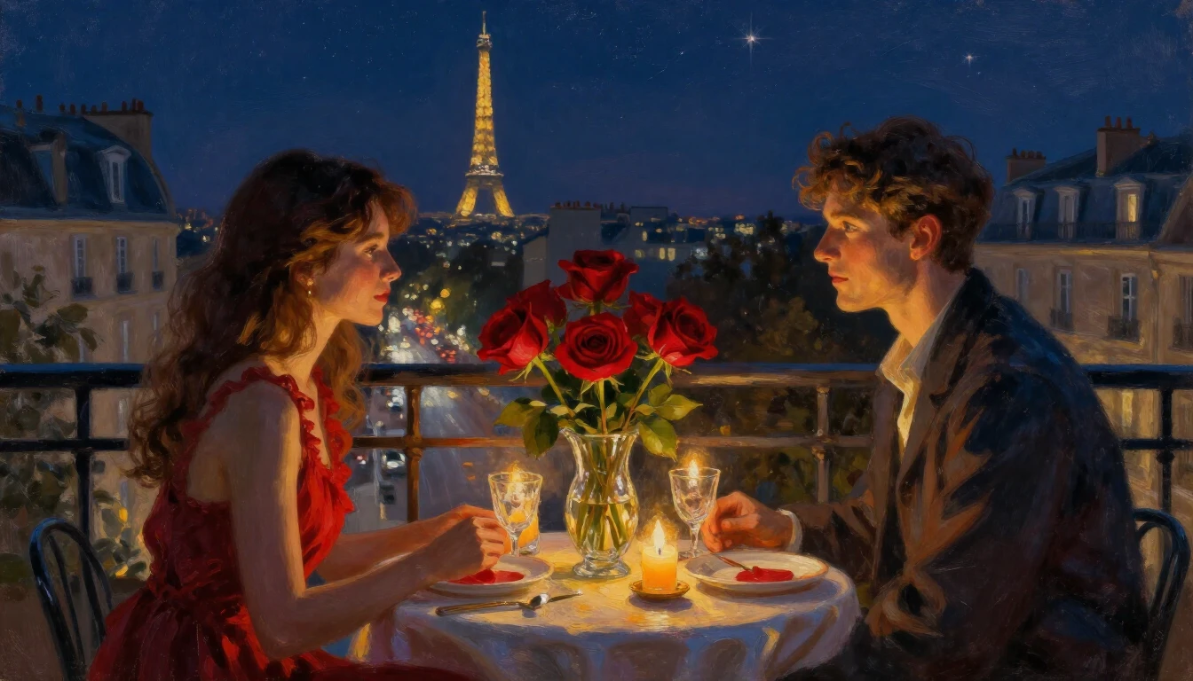 An exquisite oil painting of a cozy, candlelit table set for...