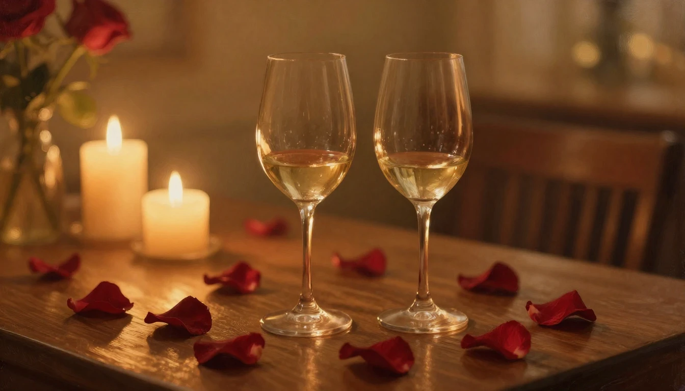 A warm and intimate scene featuring two elegant wine glasses...