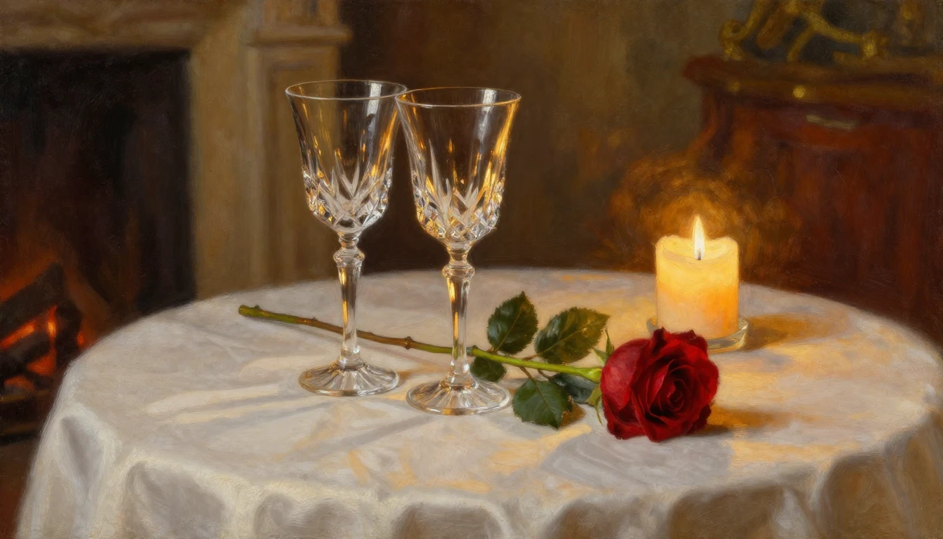 An exquisite oil painting of two elegant crystal glasses and...
