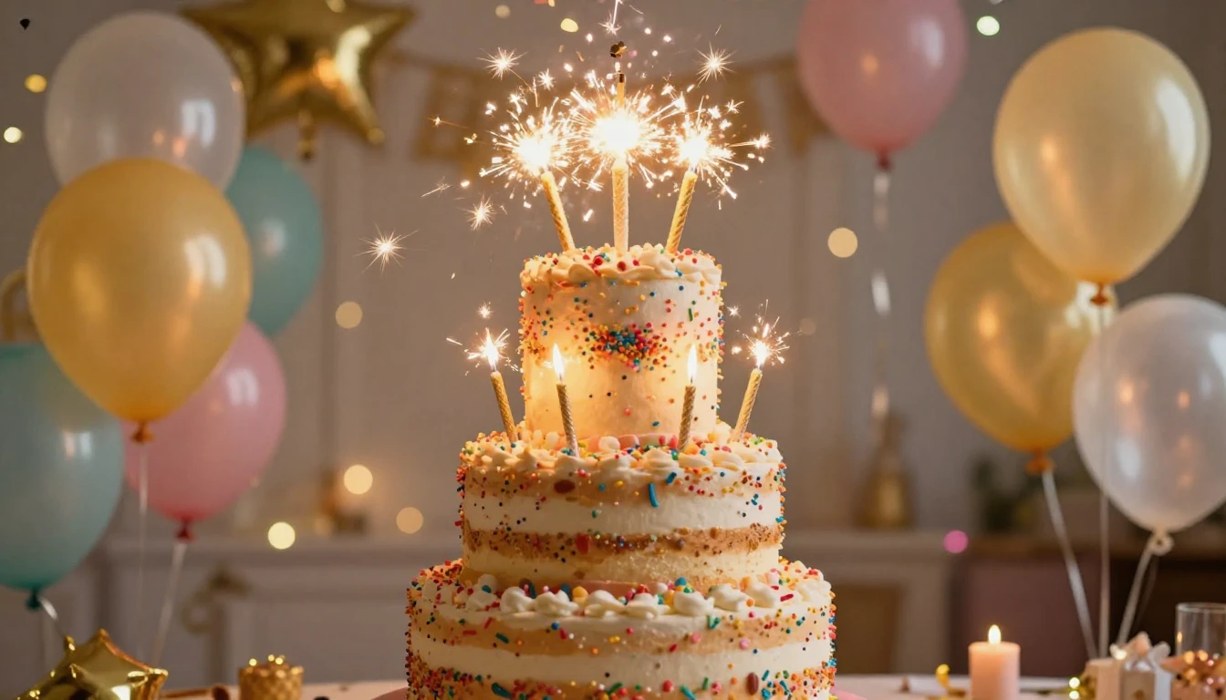 A festive scene featuring a large, multi-tiered cake decorat...