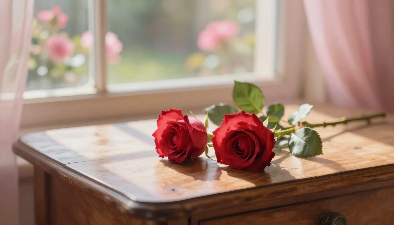 A dreamy and ethereal scene featuring two delicate red roses...