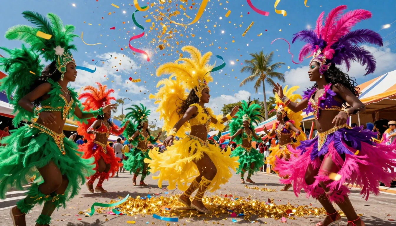A vibrant and explosive scene of a carnival celebration. Swi...