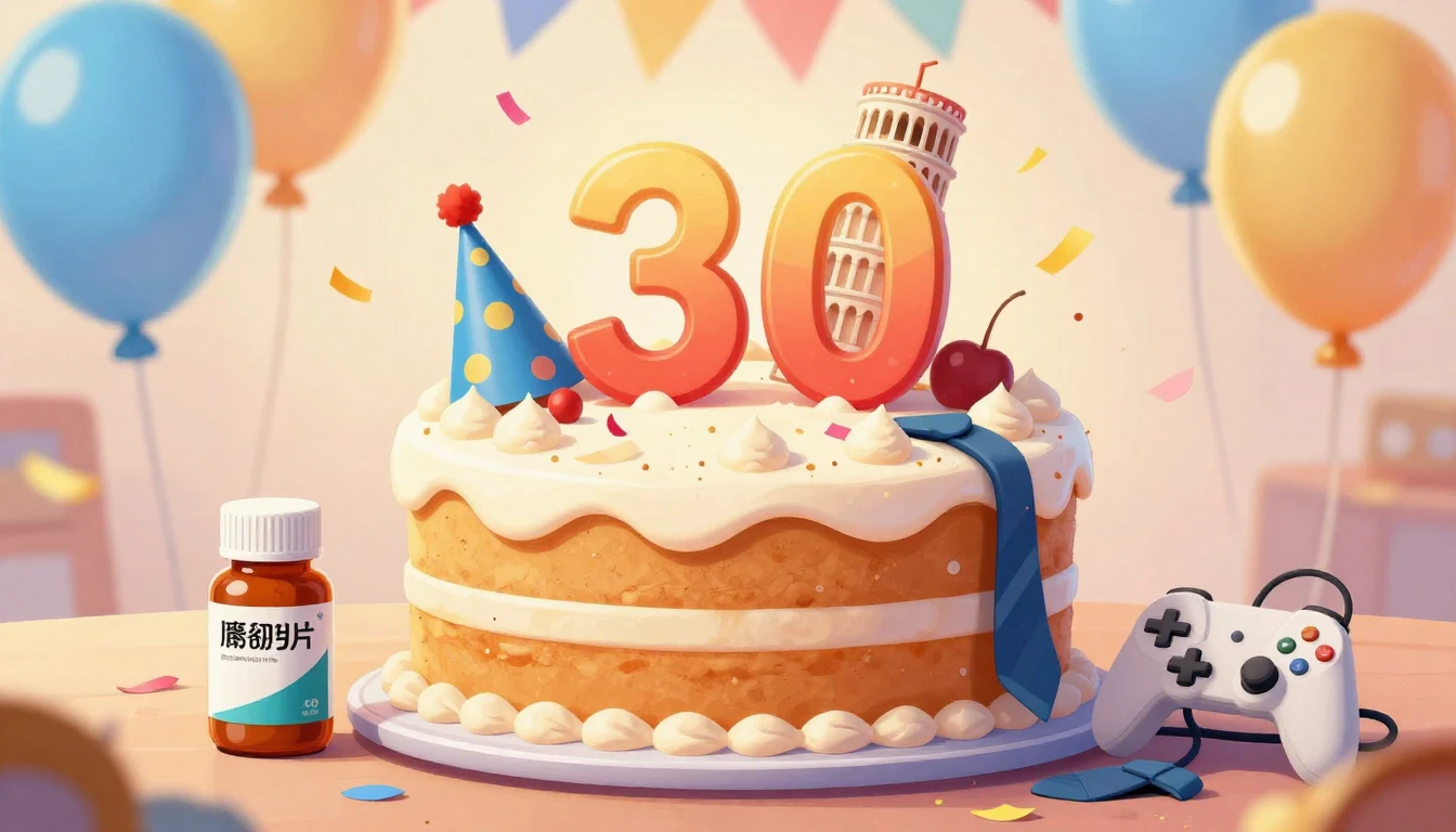 A humorous and colorful birthday illustration featuring a bi...