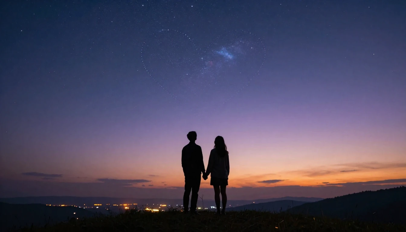 A cinematic wide shot of a silhouette of a couple holding ha...