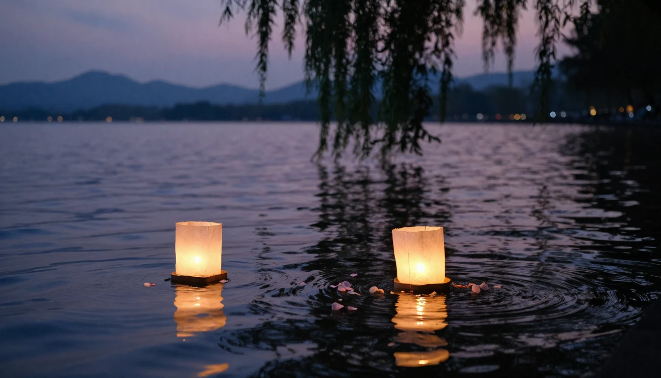 A beautiful and delicate scene featuring two glowing lantern...