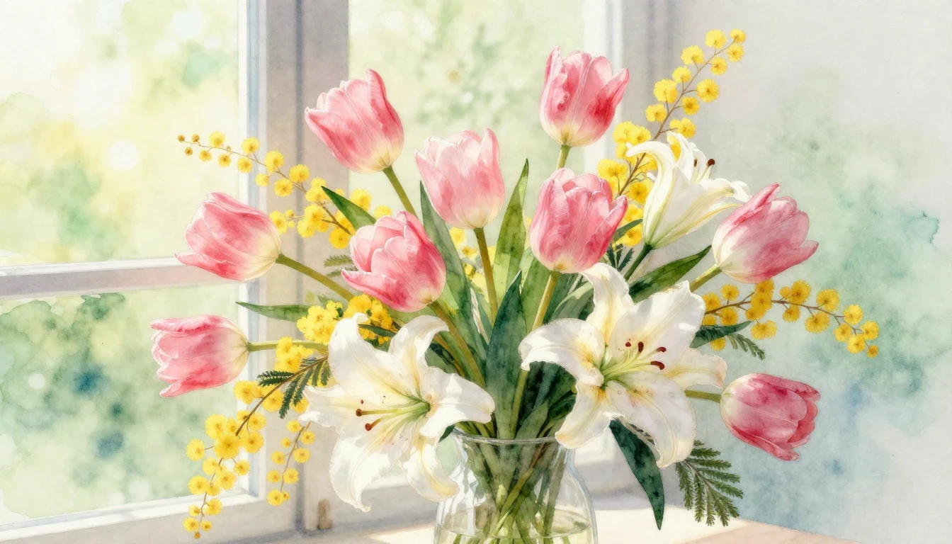 A vibrant and delicate watercolor painting of a lush spring ...