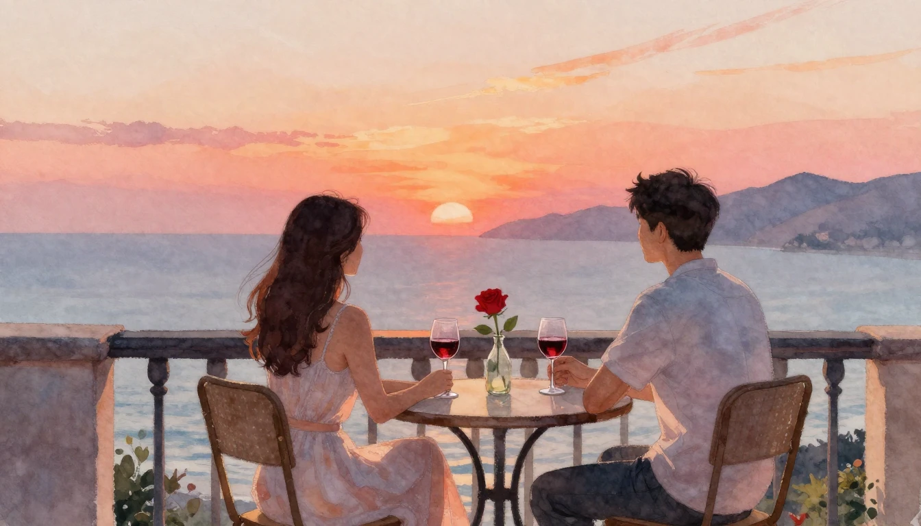 A romantic couple sitting on a charming balcony overlooking ...