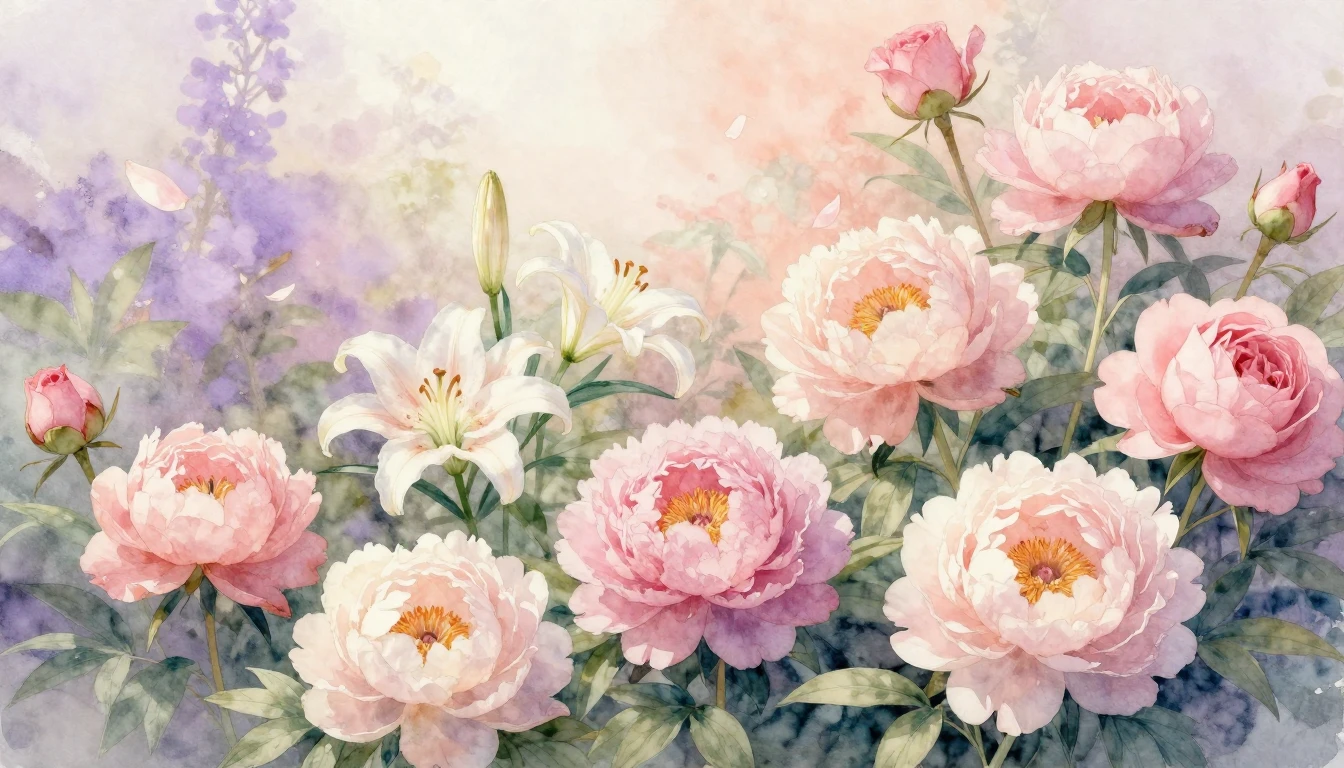 A delicate watercolor painting of a lush spring garden fille...