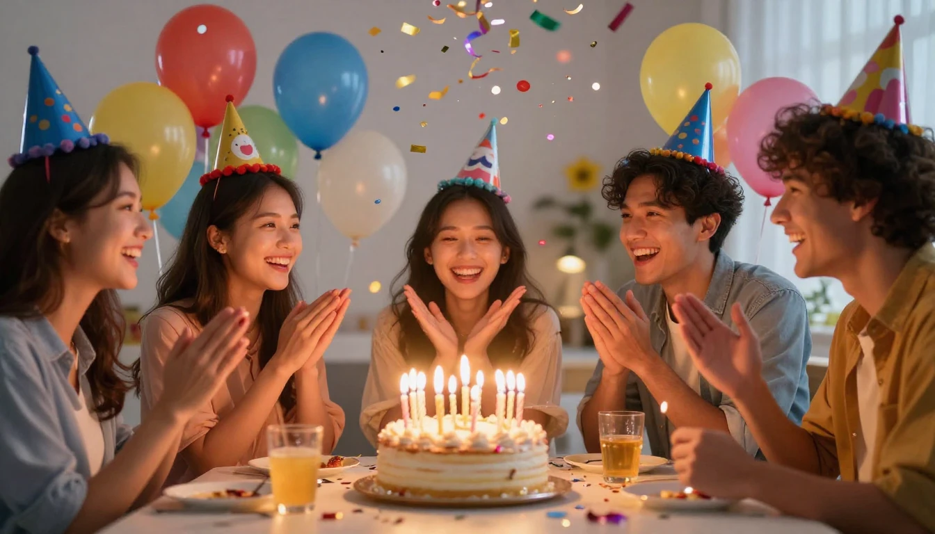 A joyful and festive birthday celebration scene, friends gat...