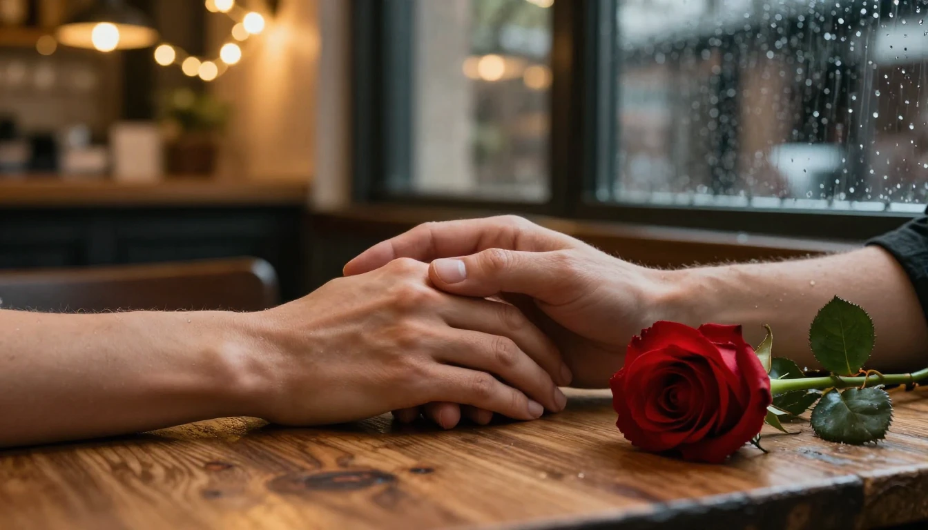 A cinematic close-up shot of two hands holding each other ge...