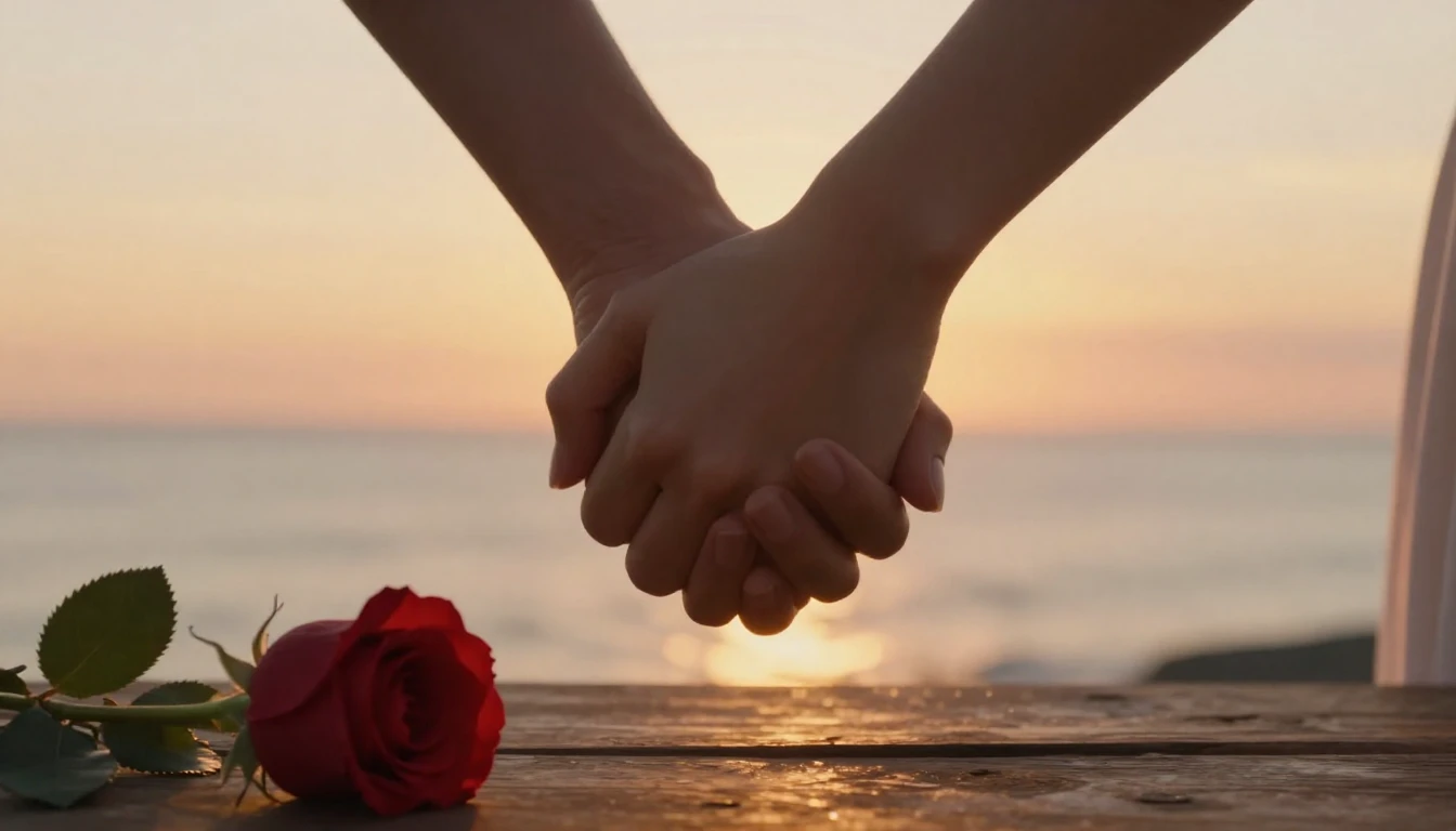 A cinematic, romantic scene featuring a close-up of two hand...