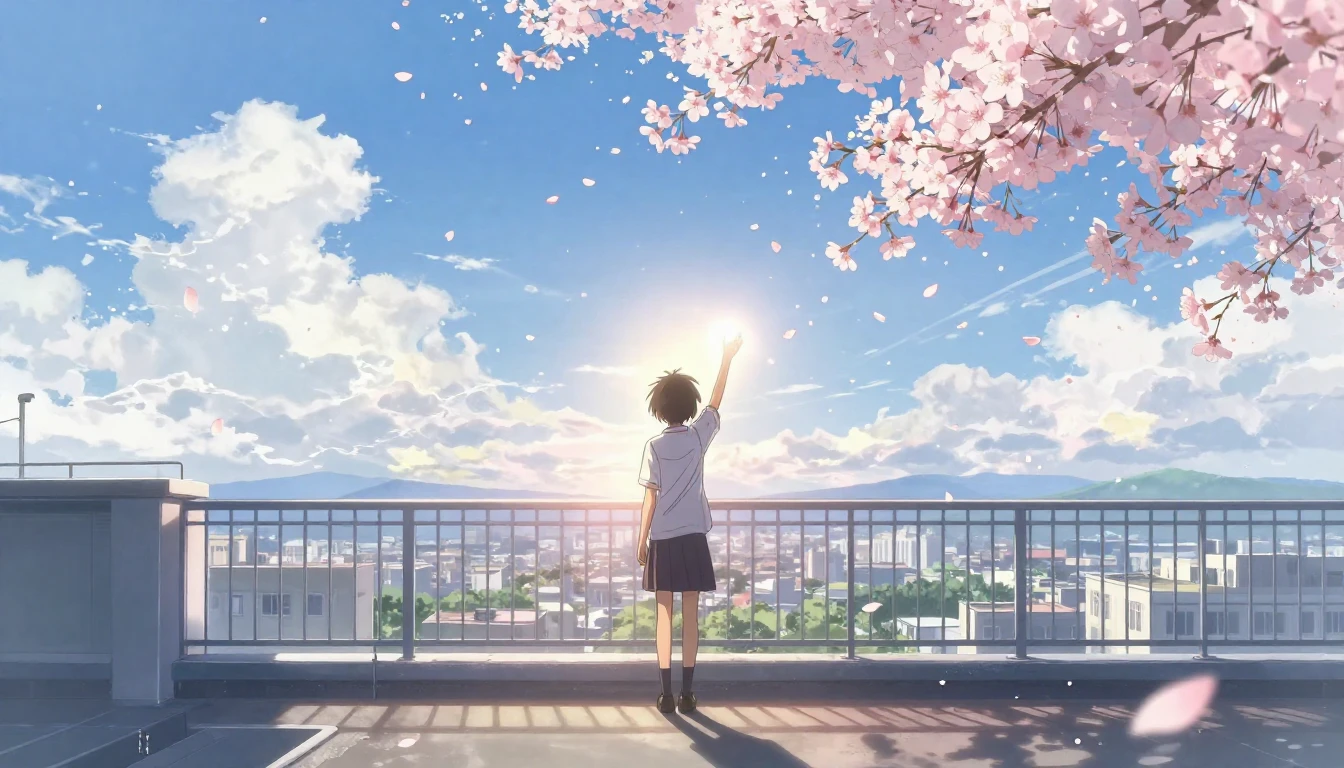 Anime style illustration. A scene on a school rooftop with a...