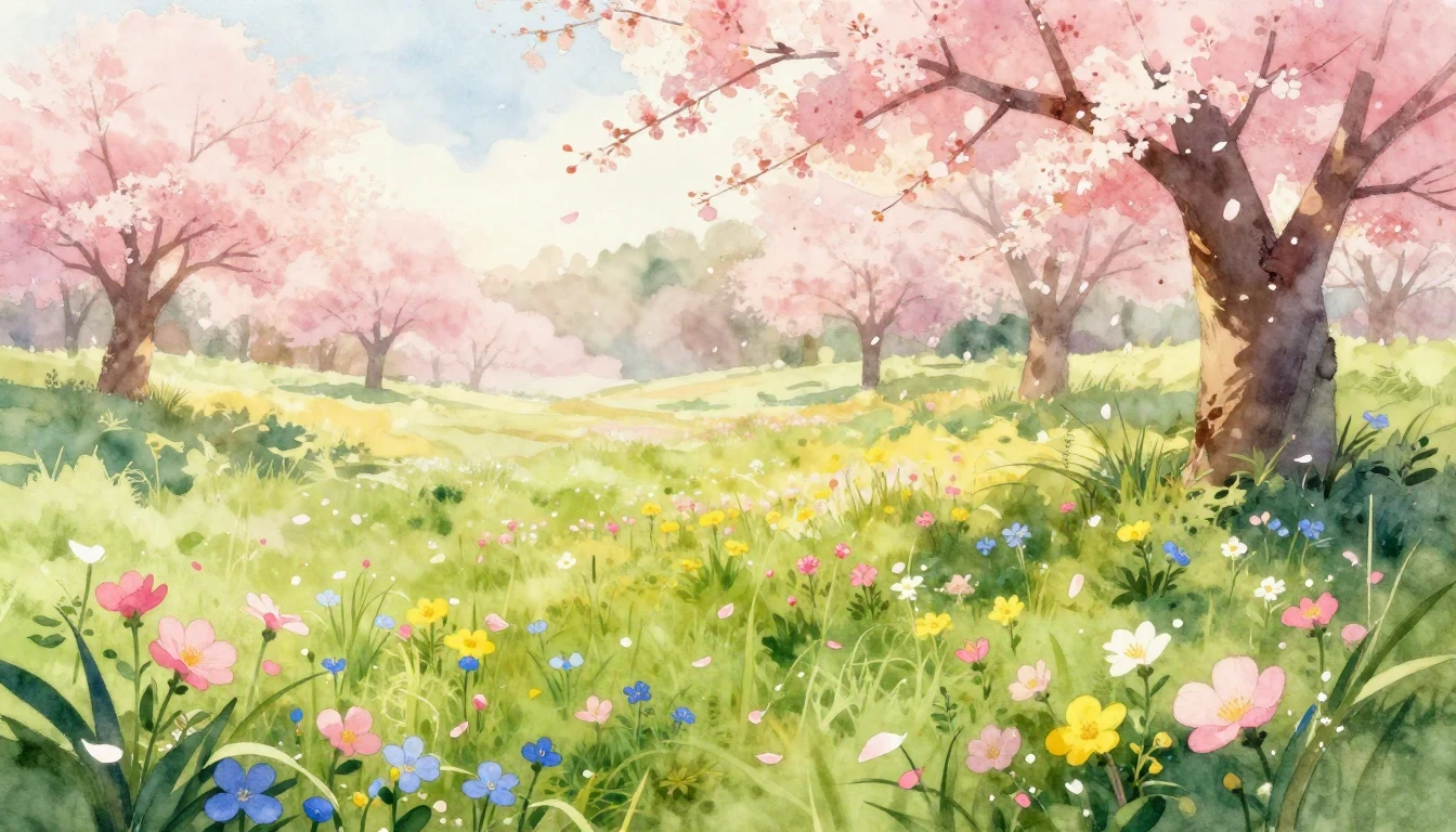 A vibrant and soft watercolor painting of a lush spring mead...