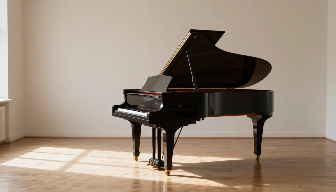 A single elegant grand piano standing in a vast, empty room ...