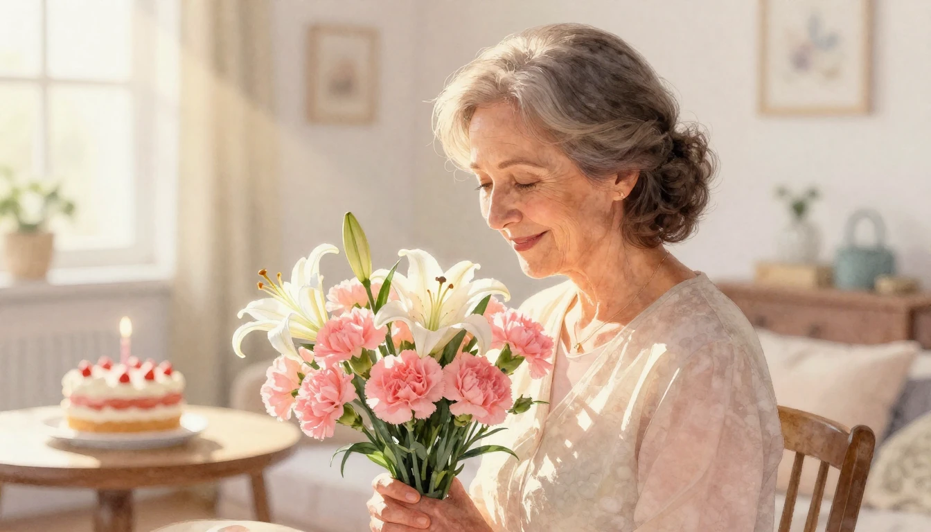 A heartwarming watercolor painting of an older mother smilin...