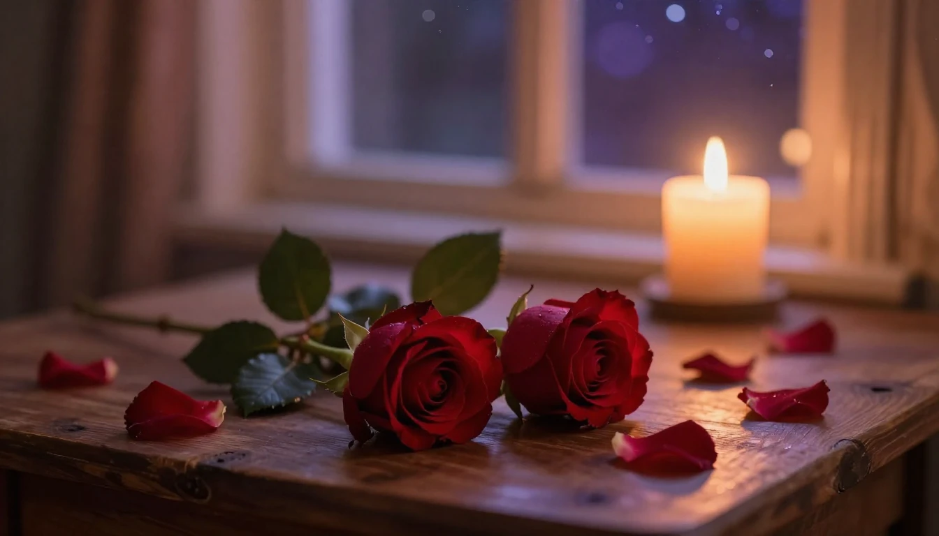 A dreamy and ethereal scene featuring two delicate red roses...