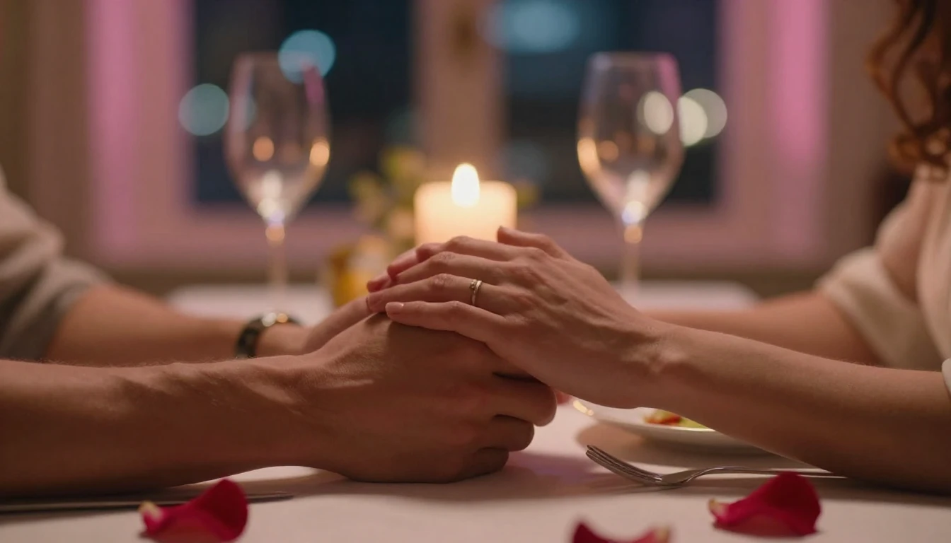 A romantic cinematic close-up shot of two hands holding each...