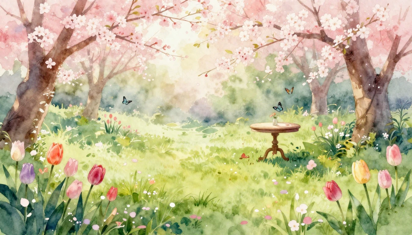 A beautiful watercolor painting of a lush spring garden in f...