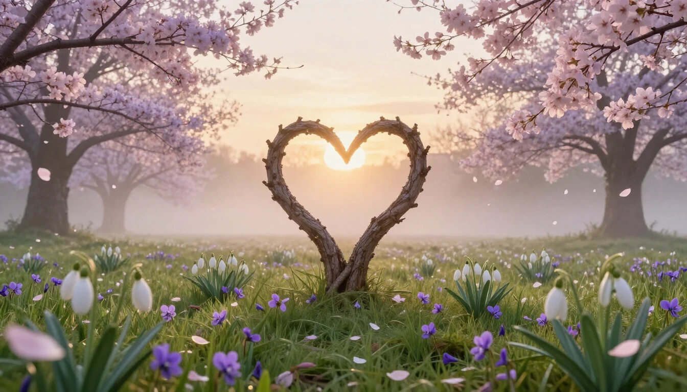 A breathtaking landscape of a blooming meadow at dawn during...
