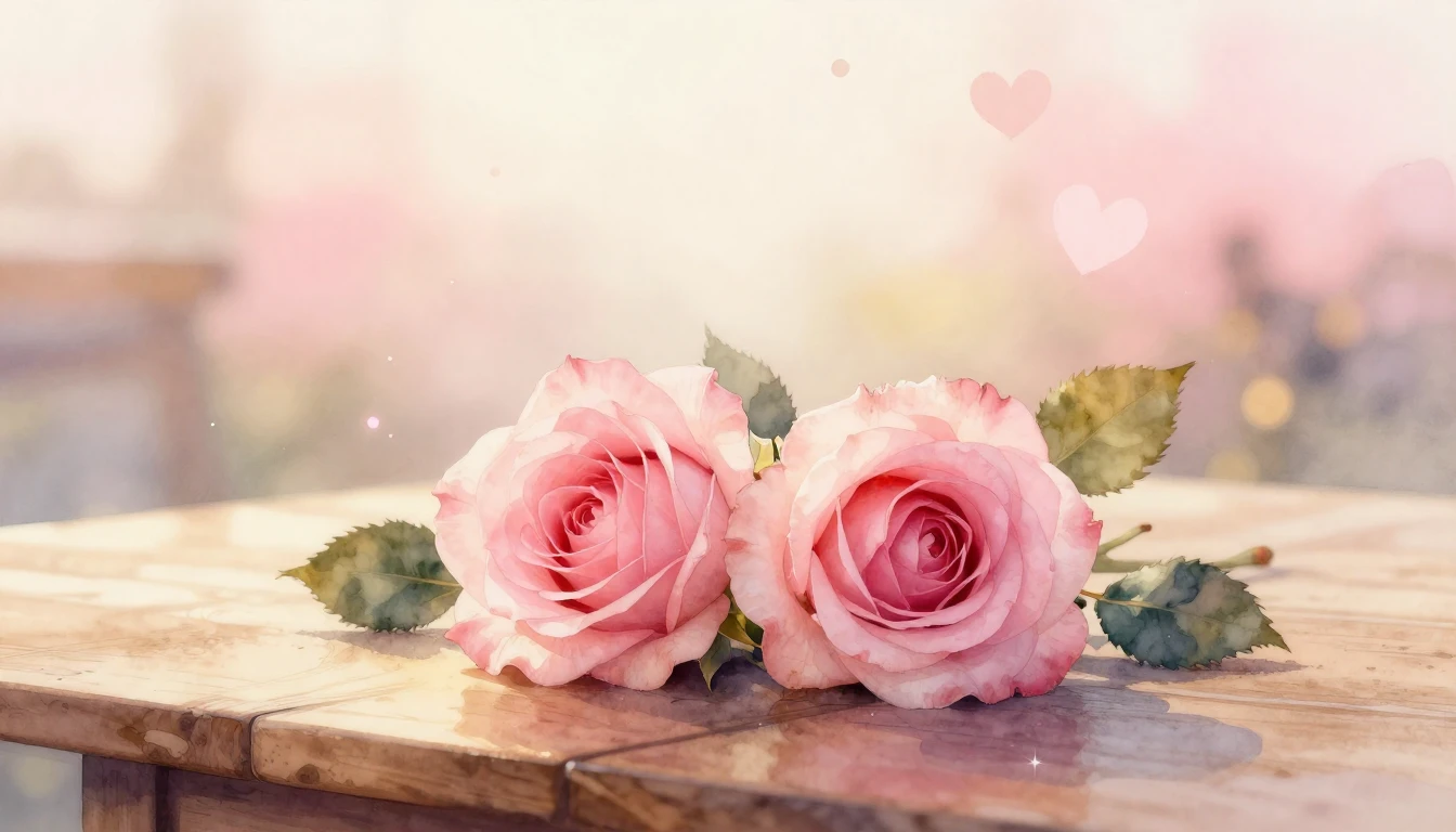 A delicate watercolor painting of two intertwined roses rest...