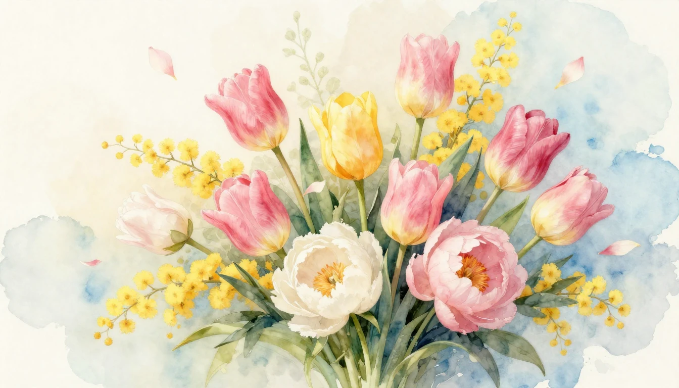 A beautiful watercolor painting of a lush spring bouquet fea...