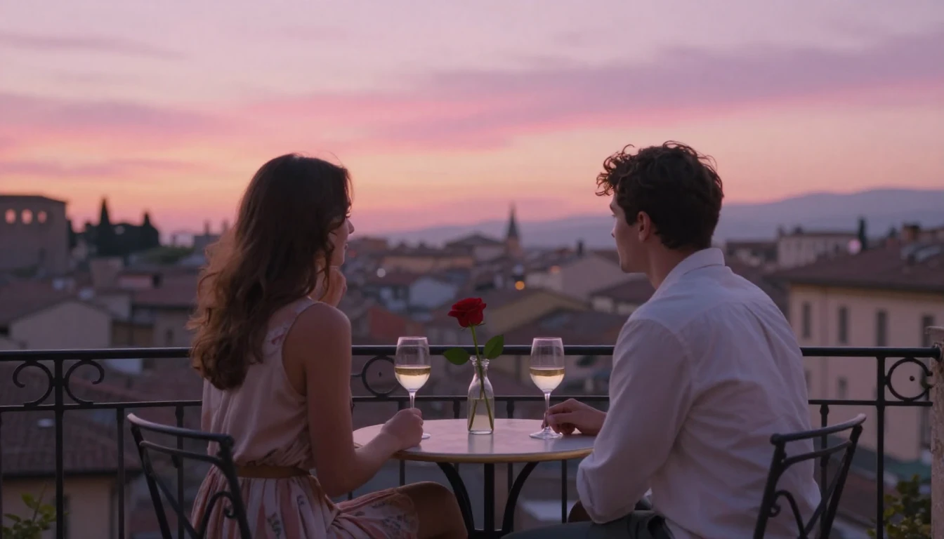 A romantic and dreamy scene depicting a couple sitting on a ...