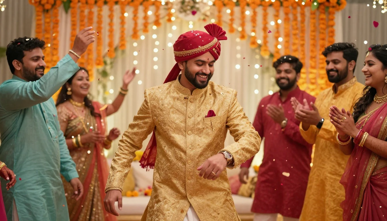 A cinematic, high-resolution shot of an Indian wedding celeb...