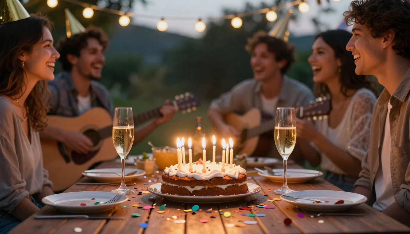 A warm and festive birthday celebration scene, focusing on a...