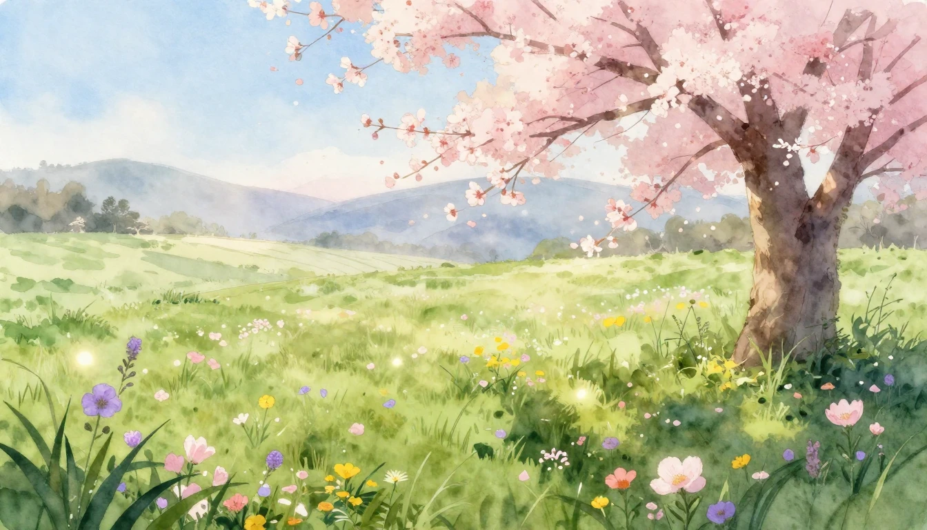 A beautiful watercolor painting of a lush green meadow at da...