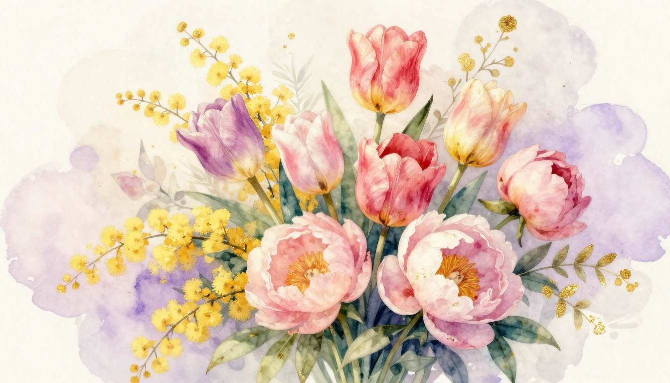 A beautiful and vibrant watercolor painting of a lush bouque...