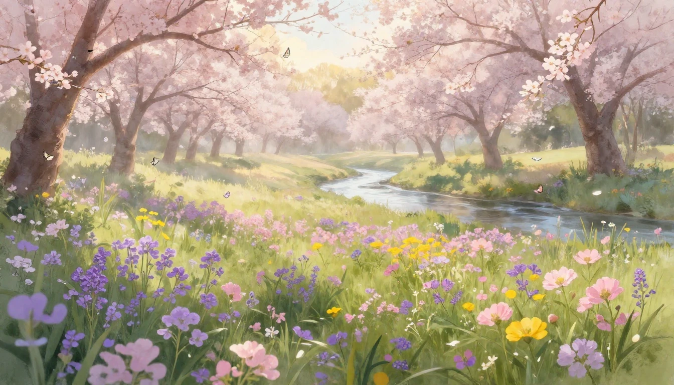 A breathtaking landscape featuring a lush meadow filled with...