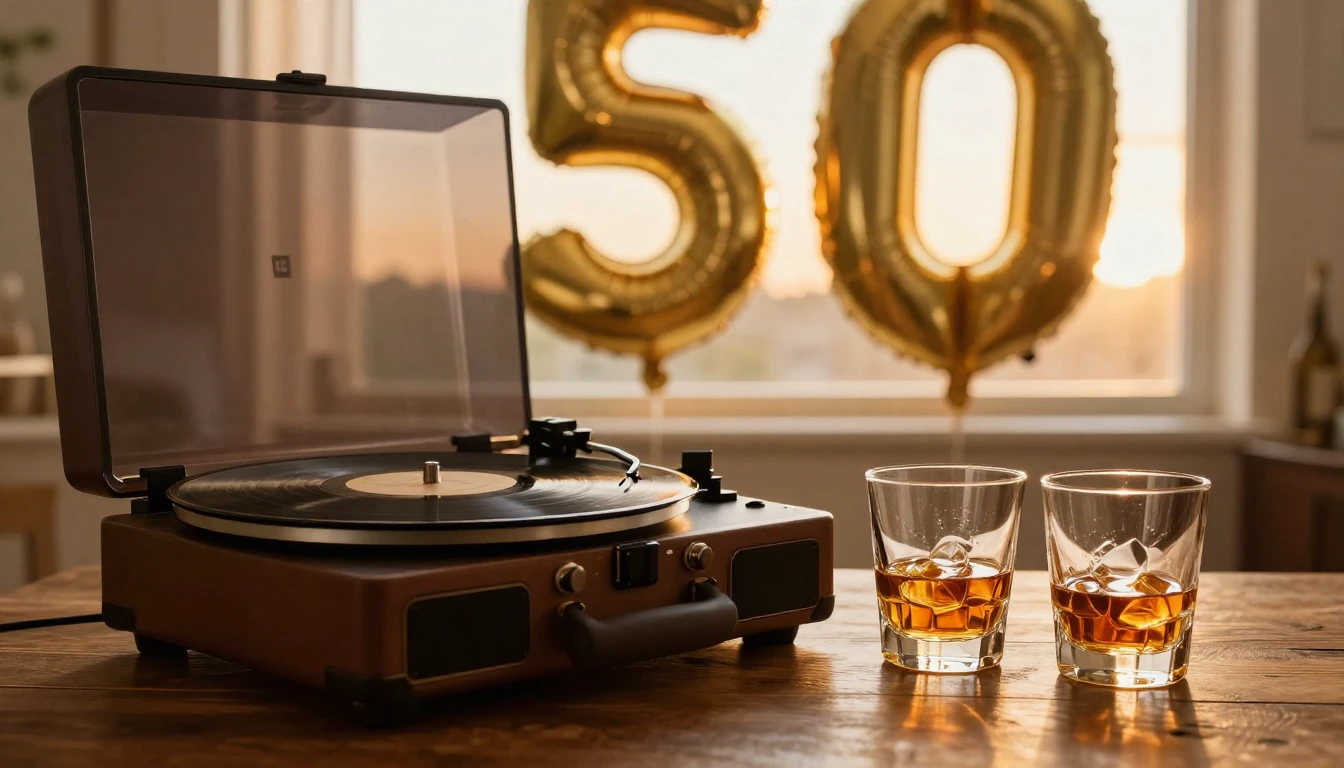 A warm and nostalgic scene featuring a vintage vinyl record ...