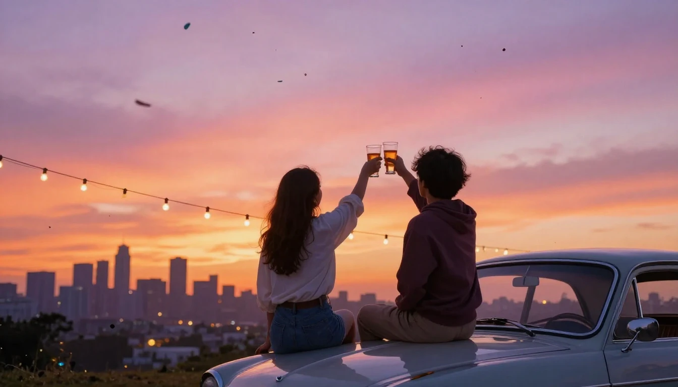 A heartwarming scene of two friends sitting on the hood of a...