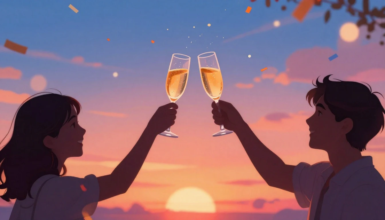 A warm and colorful birthday celebration illustration. Two s...