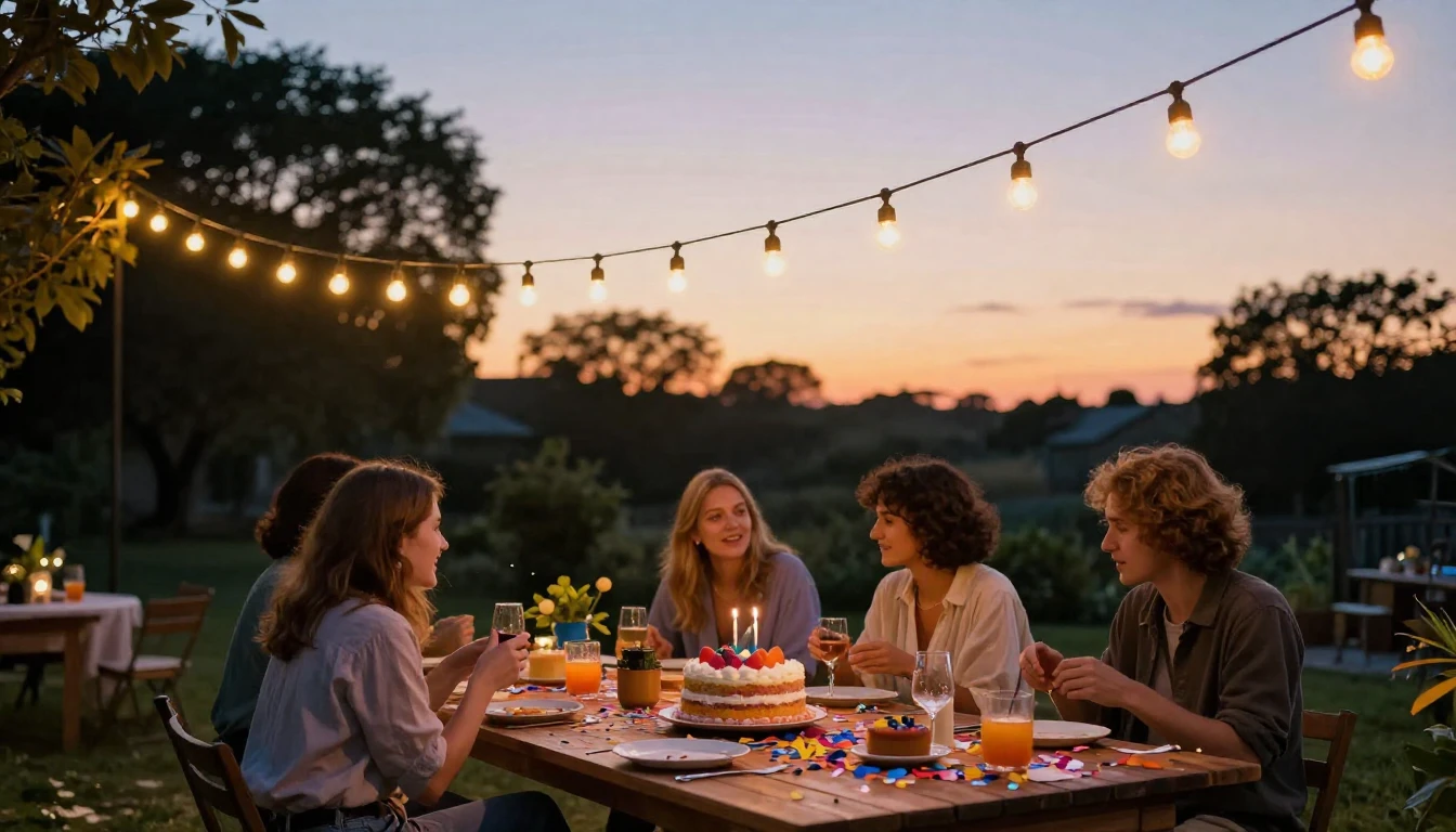A vibrant and warm scene depicting a festive outdoor garden ...