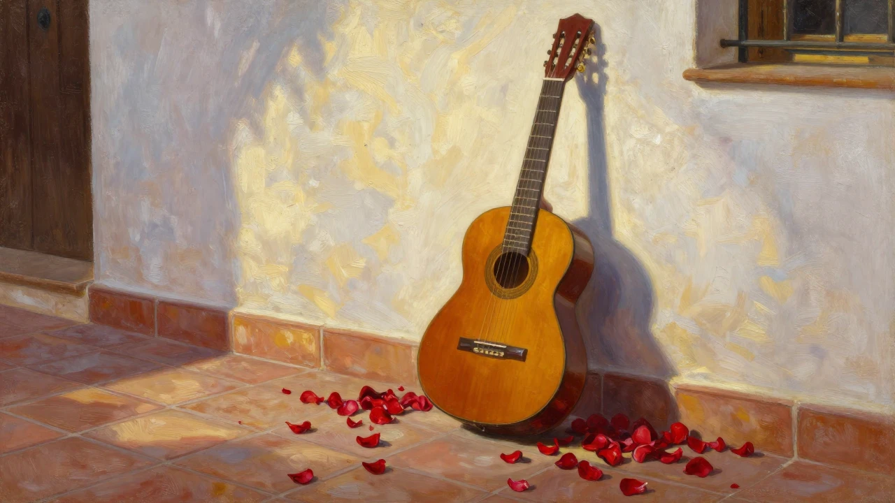 An evocative oil painting of a classical guitar leaning agai...