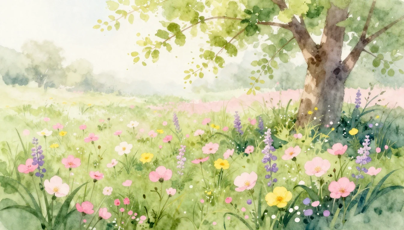 A delicate watercolor painting of a lush spring meadow fille...
