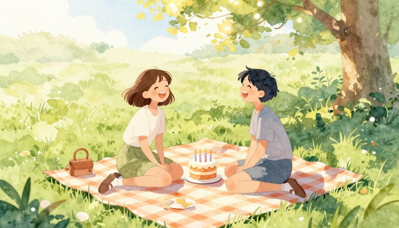 A heartwarming watercolor illustration of a sunny outdoor pi...