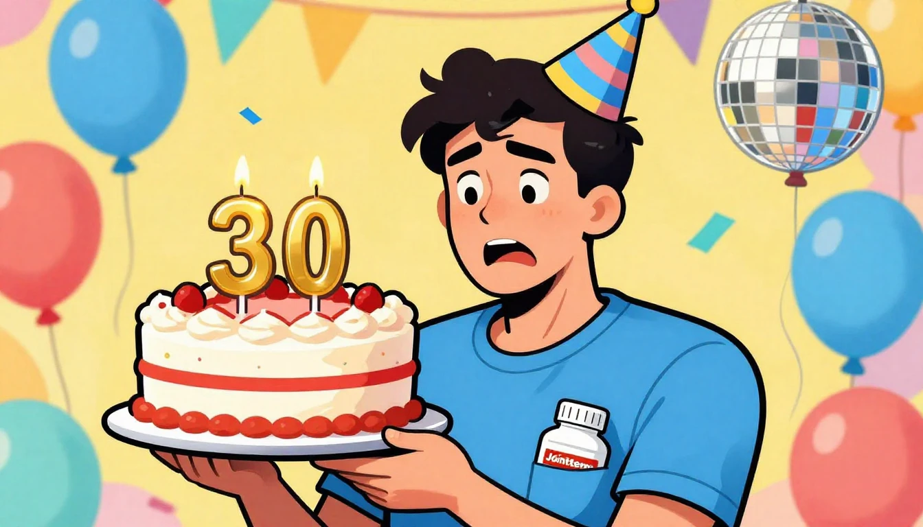 A humorous illustration of a 30-year-old man holding a large...